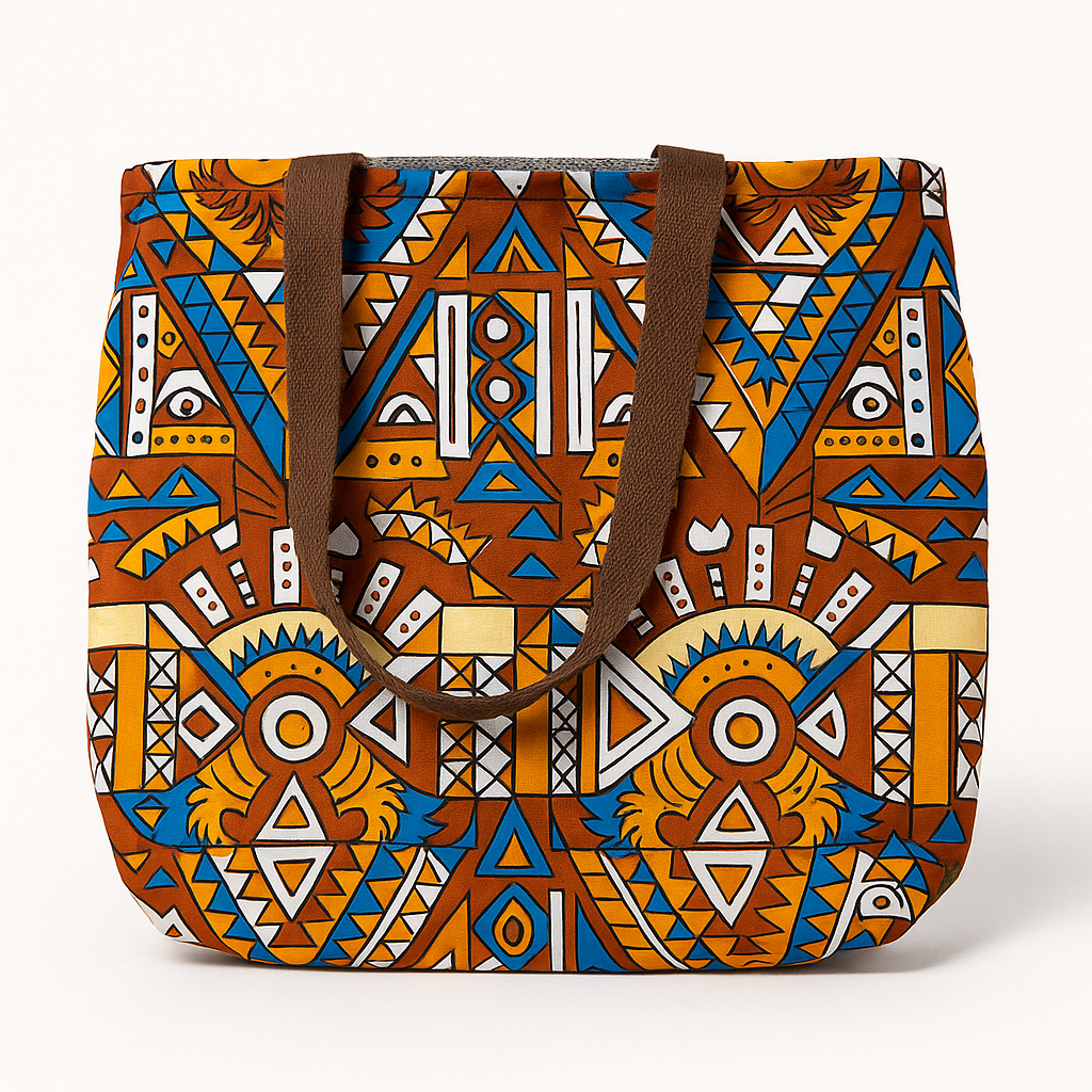 Sac wax doublé géométrique  marron -  sac shopper moderne - Tote bag africain en tissu wax - Cabas artisanal fait main