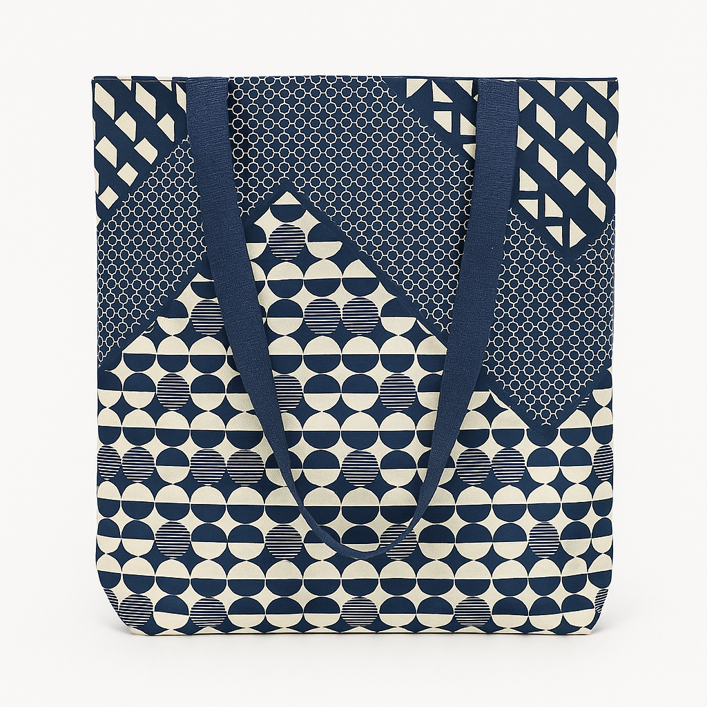 Sac wax doublé bleu et blanc à motifs géométriques - sac cabas en wax - Tote bag