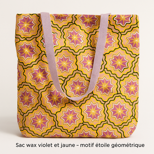 Sac wax doublé violet et jaune motif étoile géométrique – Tote bag en tissu wax – Cabas artisanal fait main