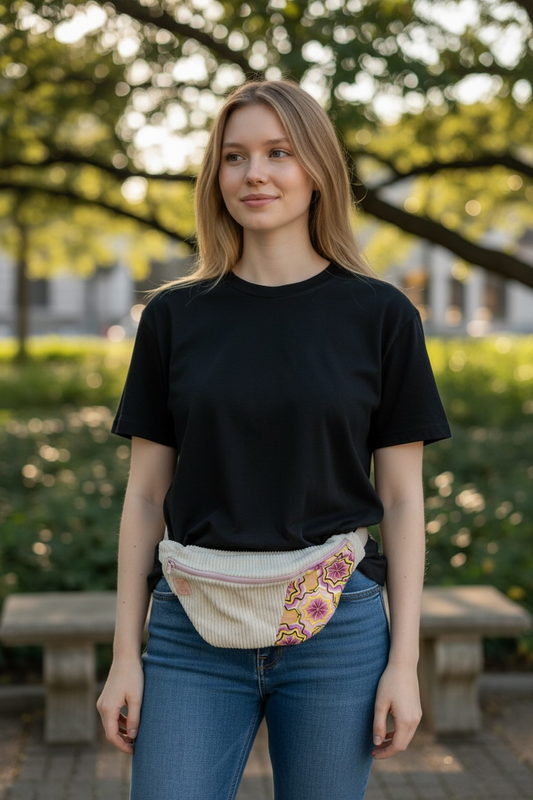 Banane femme en velours côtelé beige – Sac banane fait main avec doublure colorée wax violet et jaune – Accessoire mode original