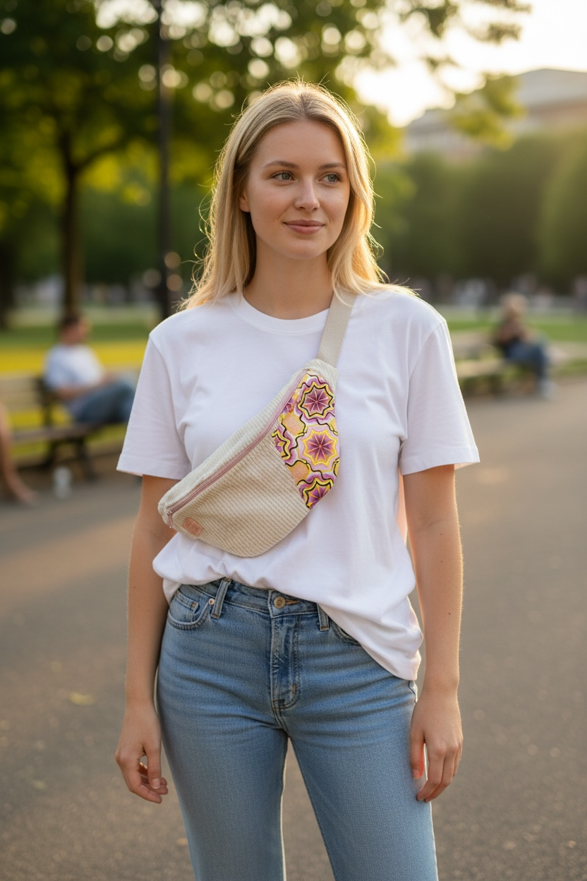 Banane femme en velours côtelé beige – Sac banane fait main avec doublure colorée wax violet et jaune – Accessoire mode original