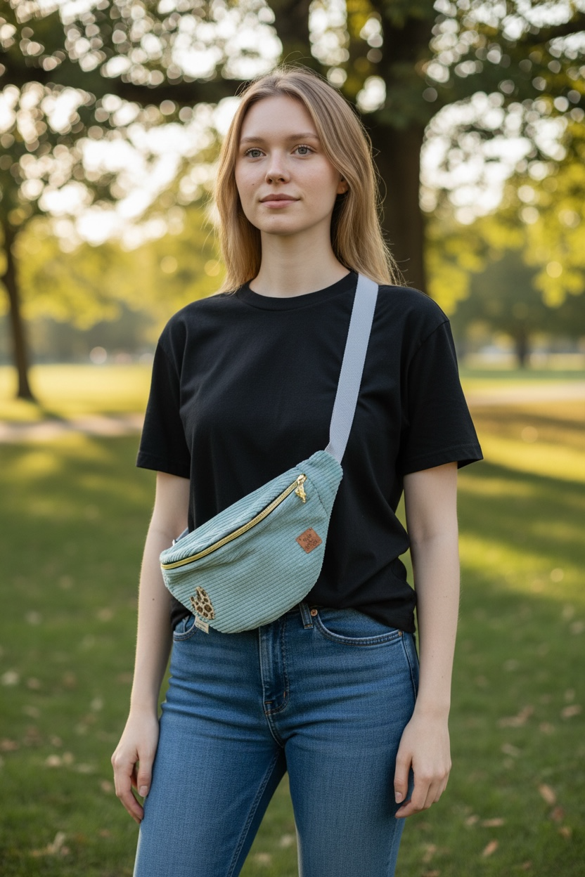 Banane femme en velours côtelé bleu – Sac banane fait main doublure léopard – Accessoire mode tendance personnalisé