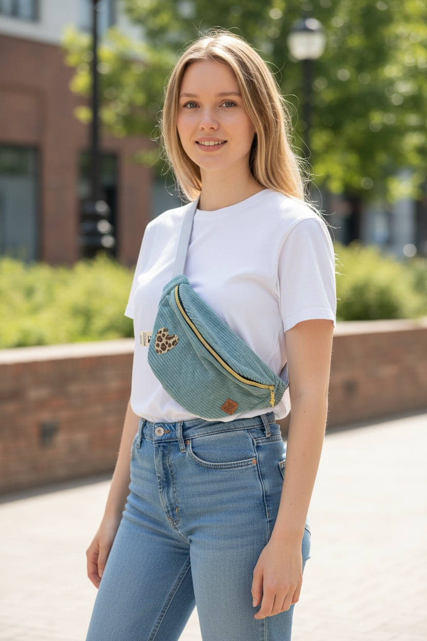 Banane femme en velours côtelé bleu – Sac banane fait main doublure léopard – Accessoire mode tendance personnalisé