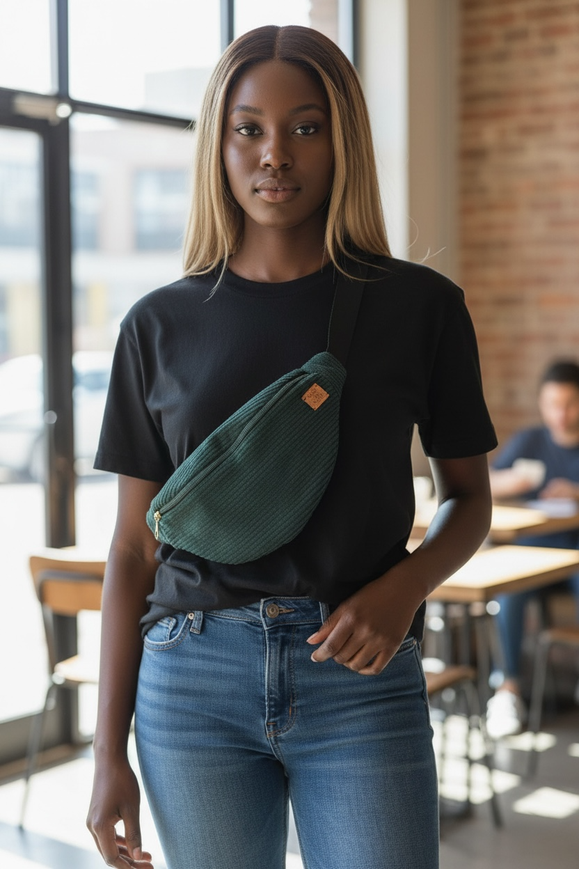 Banane en velours côtelé verte   – sac banane artisanal élégant et pratique -