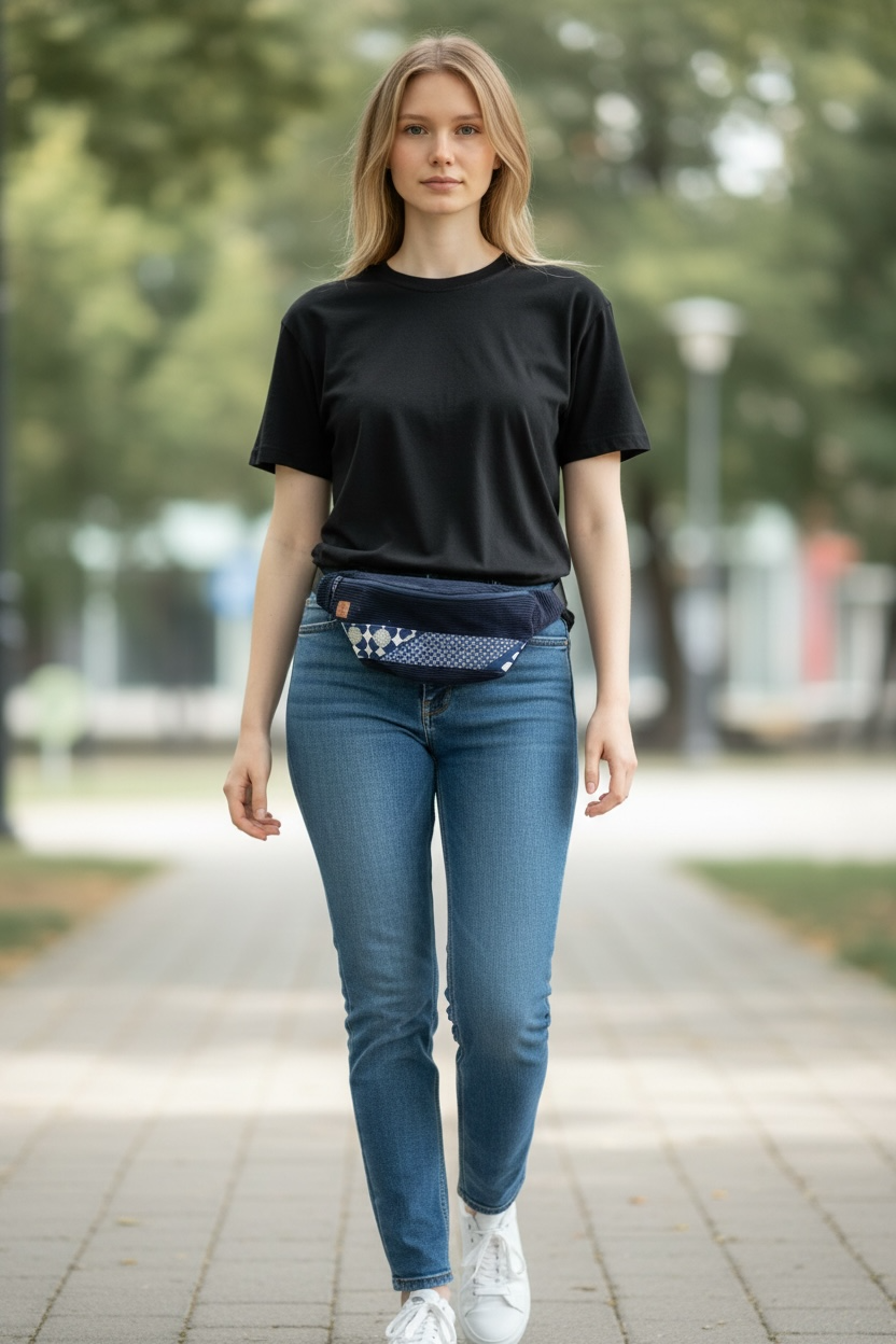 Banane en velours côtelé bleu marine et tissu wax – sac banane artisanal élégant et pratique