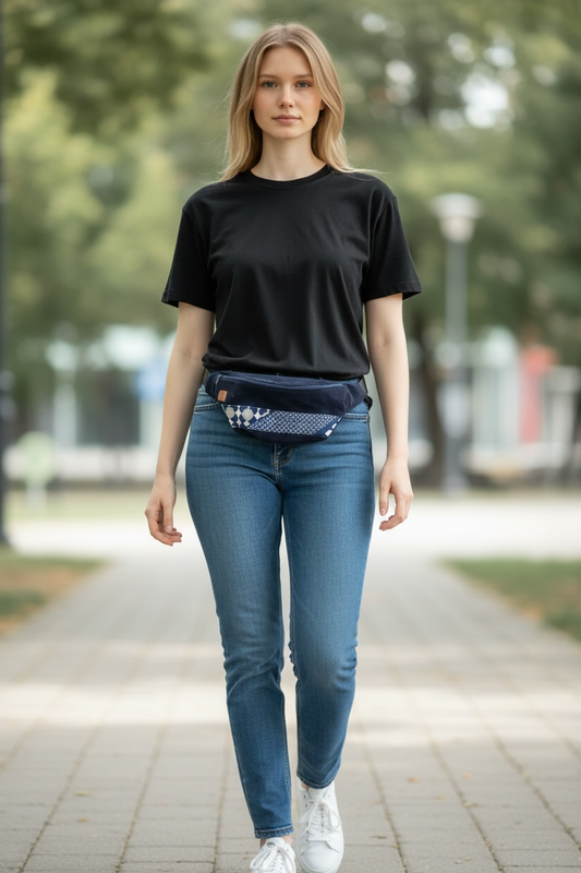 Banane en velours côtelé bleu marine et tissu wax – sac banane artisanal élégant et pratique