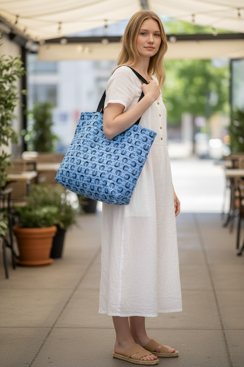 Sac wax doublé bleu à motifs géométriques - sac cabas en wax - Tote bag wax