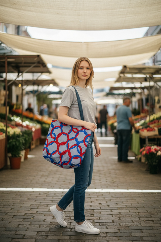 Sac wax doublé bleu marine et blanc à cercles rouges et bleus - Tote bag max