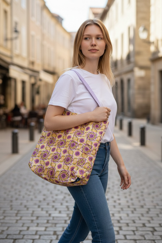 Sac wax doublé violet et jaune motif étoile géométrique – Tote bag en tissu wax – Cabas artisanal fait main