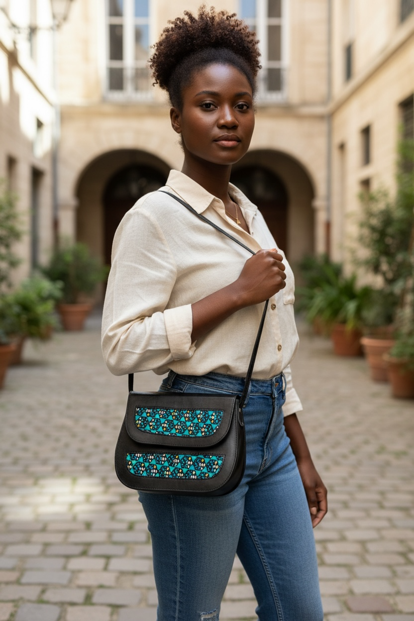 Sac africain en cuir et tissu wax – Sac bandoulière artisanal femme – Sac ethnique chic fait main Élégance et originalité